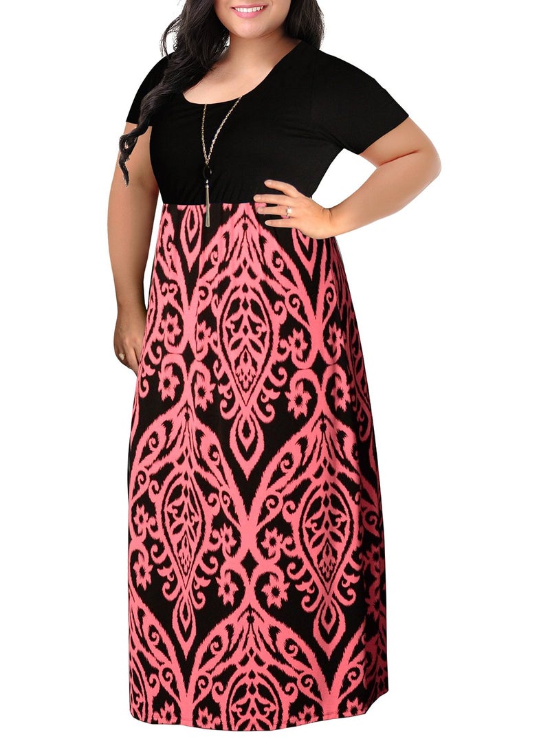 Nemidor Plus Size Maxi Dresses for Curvy Women Casual Summer Short Sleeve Chevron Print Long Dress with Pocket 14-26(155,24,Pink) - Image 1